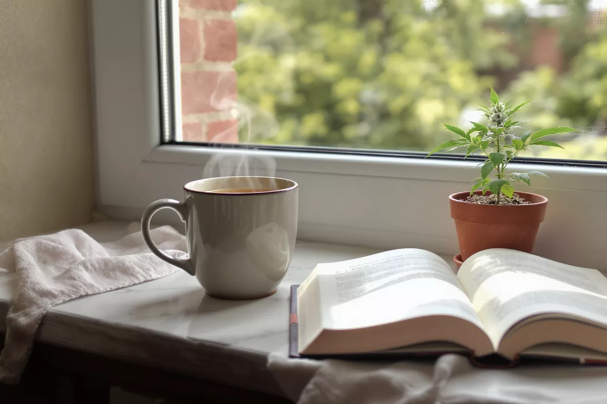 Steaming mug, open book, and cannabis plant on a sunlit windowsill.