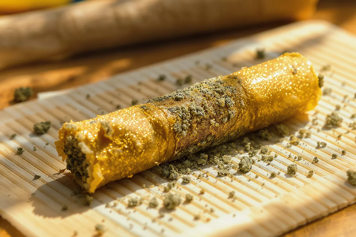 A luxurious gold leaf cannabis blunt covered in kief on a wooden rolling tray.
