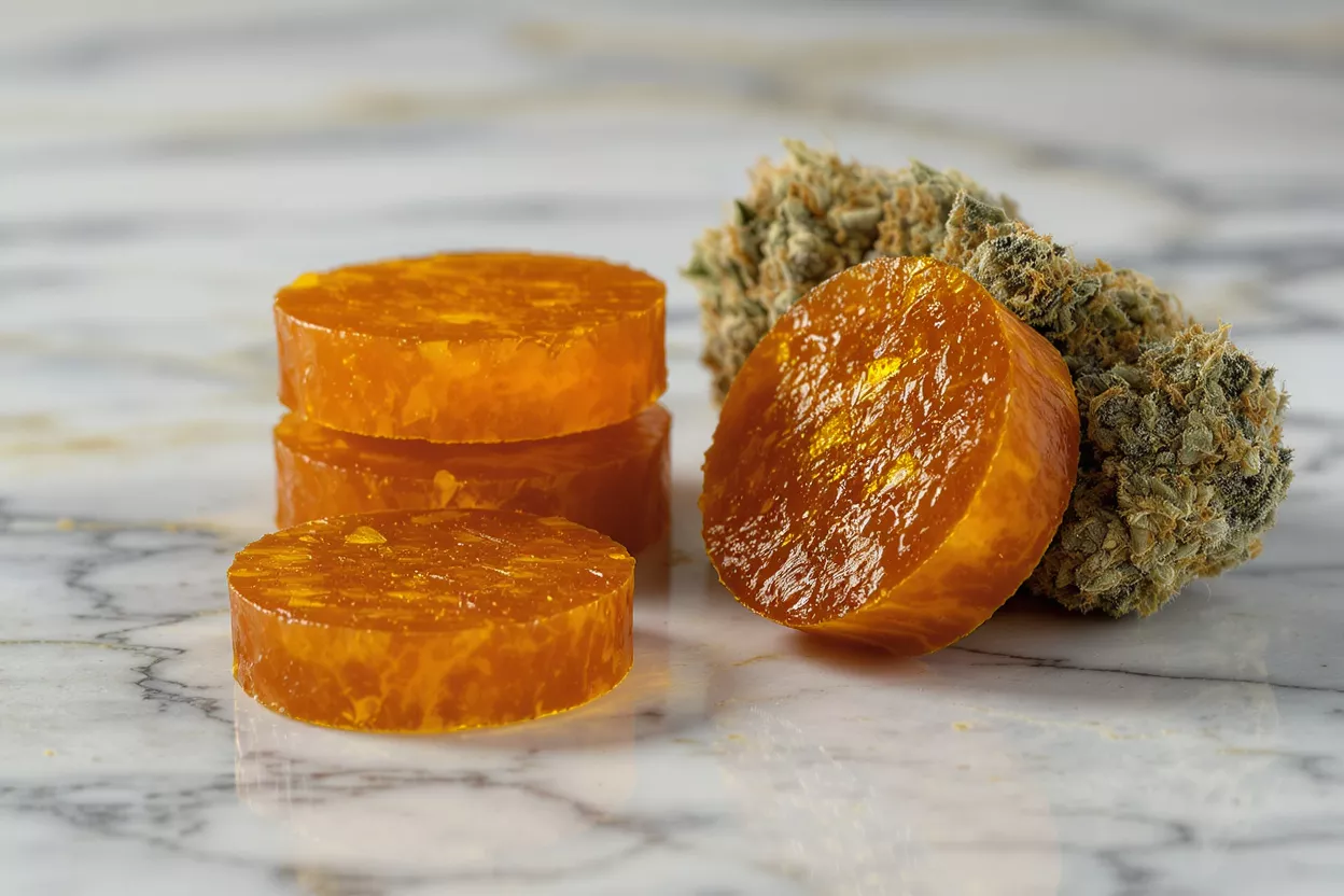 Orange cannabis gummies and a cannabis flower bud on a marble surface.