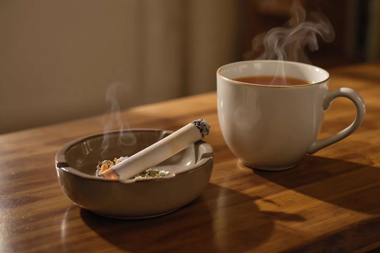 A lit cigarette in an ashtray next to a steaming cup of coffee.