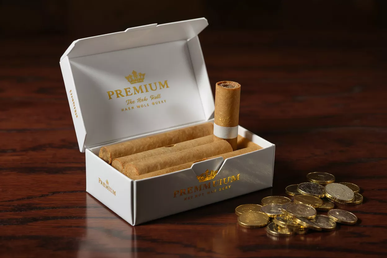 Open white box of premium cigars with gold coins on a wooden table.