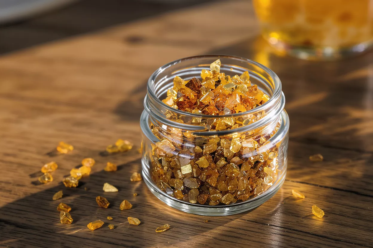 Amber Sugar Crystals in Jar A clear jar filled with sparkling amber sugar crystals on a wooden table.