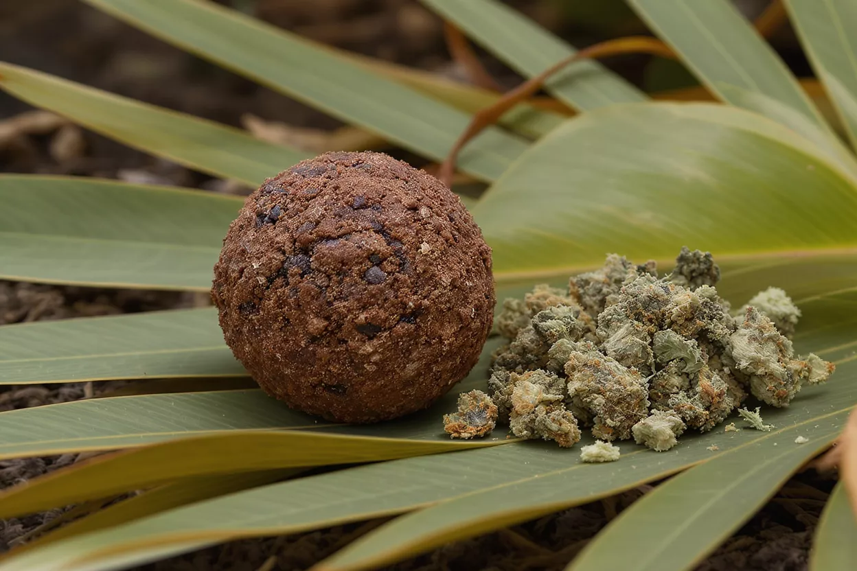 Cannabis Hash and Flower A brown hash ball next to cannabis flower on green leaves.
