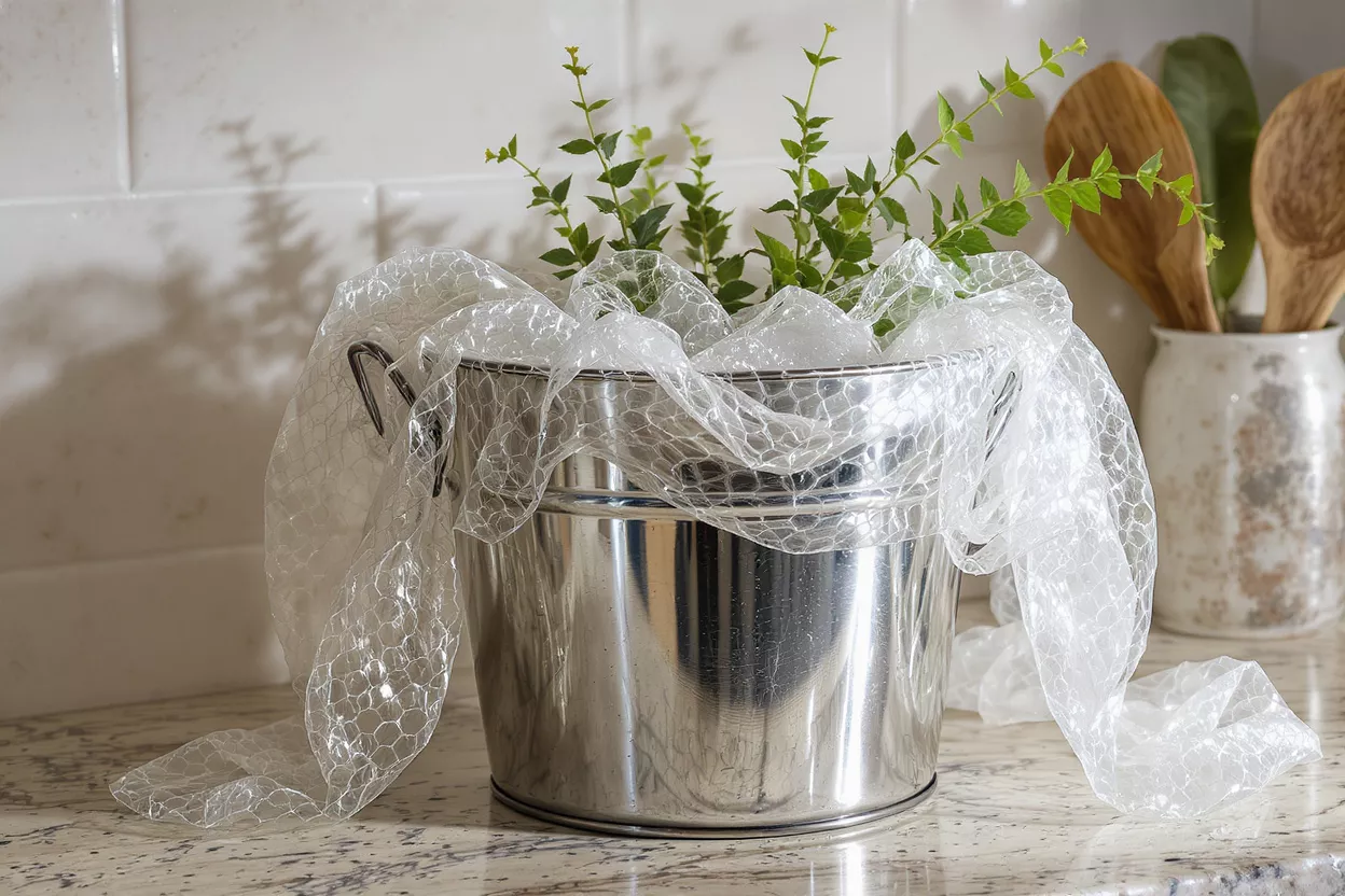 Plant in Metal Bucket Green plant in a shiny metal bucket with white netting on a kitchen counter.
