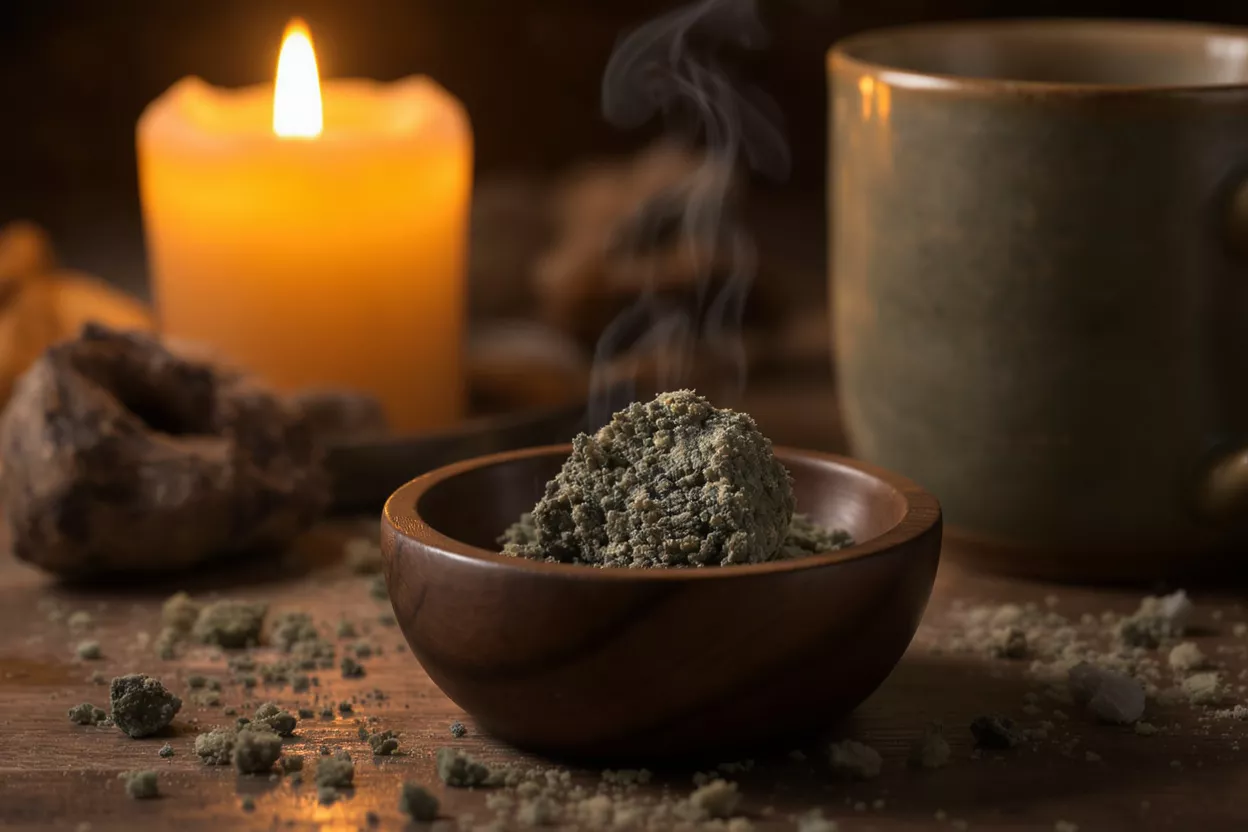 Herbal Incense and Candle Ritual Steaming herbal incense in a wooden bowl with a glowing candle and mug.