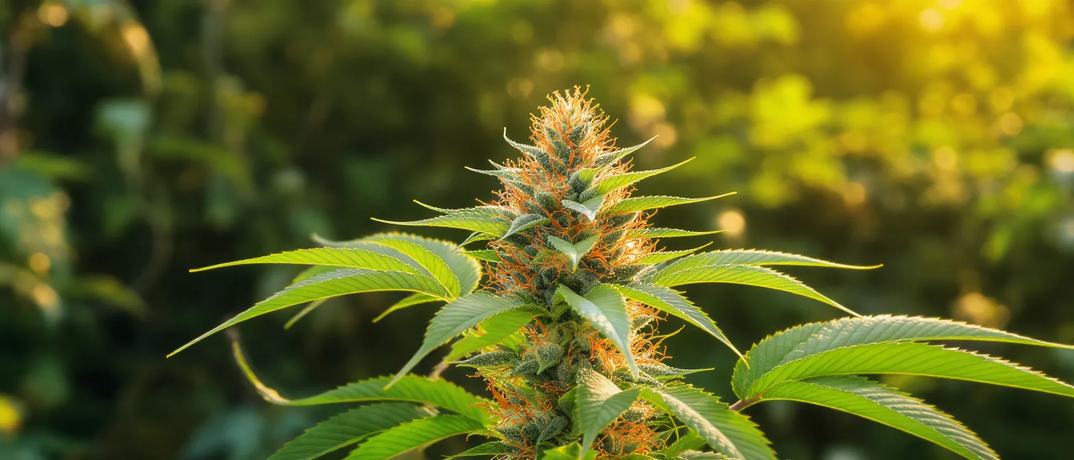 Close-up of a vibrant cannabis plant bud with orange pistils in golden sunlight.
