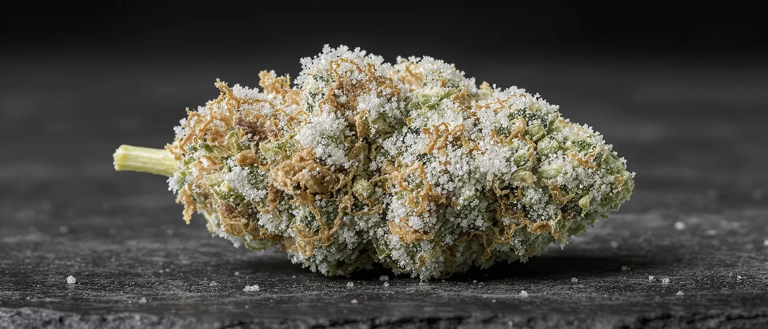 Close-up of a cannabis bud covered in white kief on a dark background.