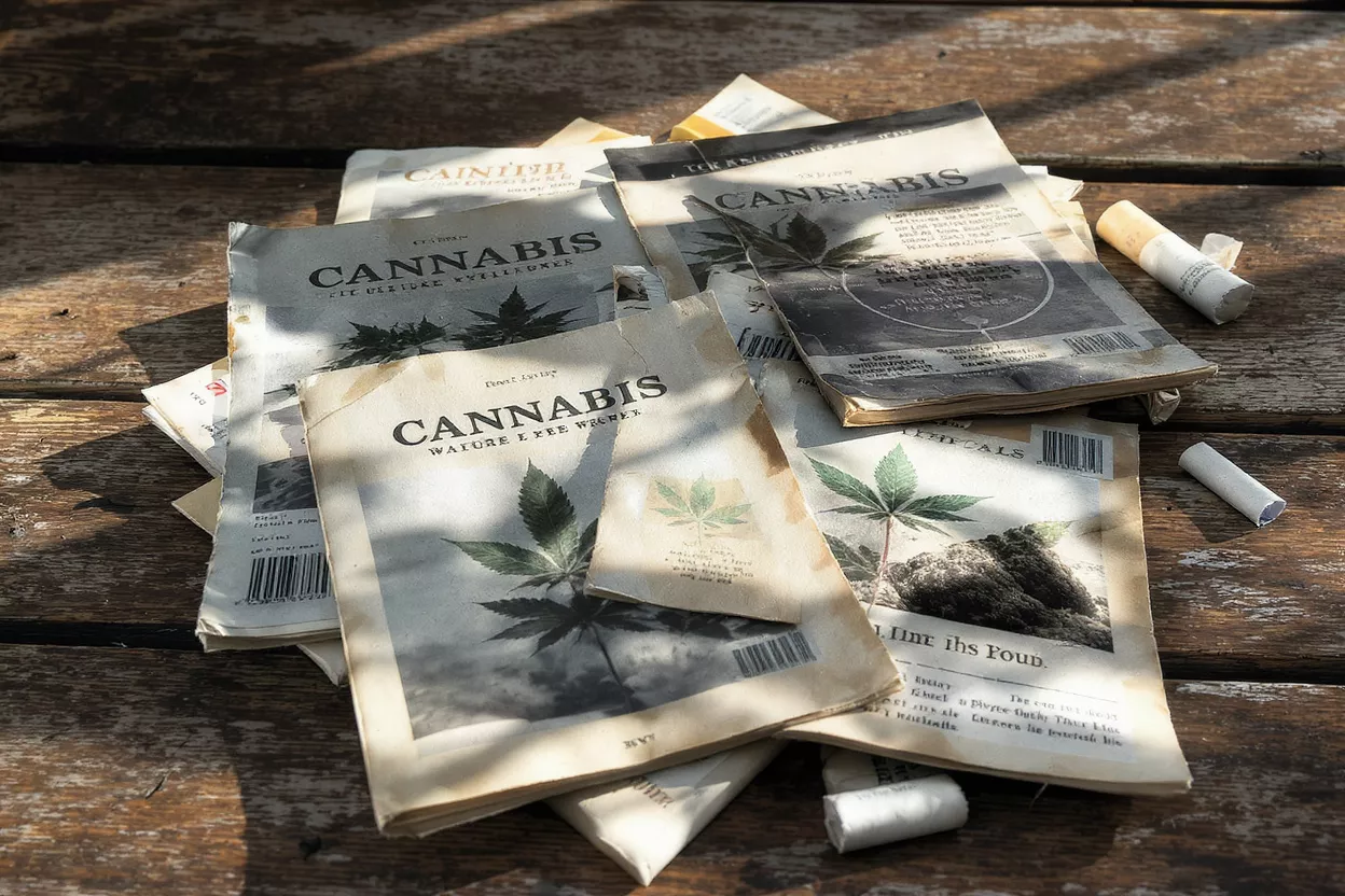 A stack of vintage-style cannabis magazines on a rustic wooden table.