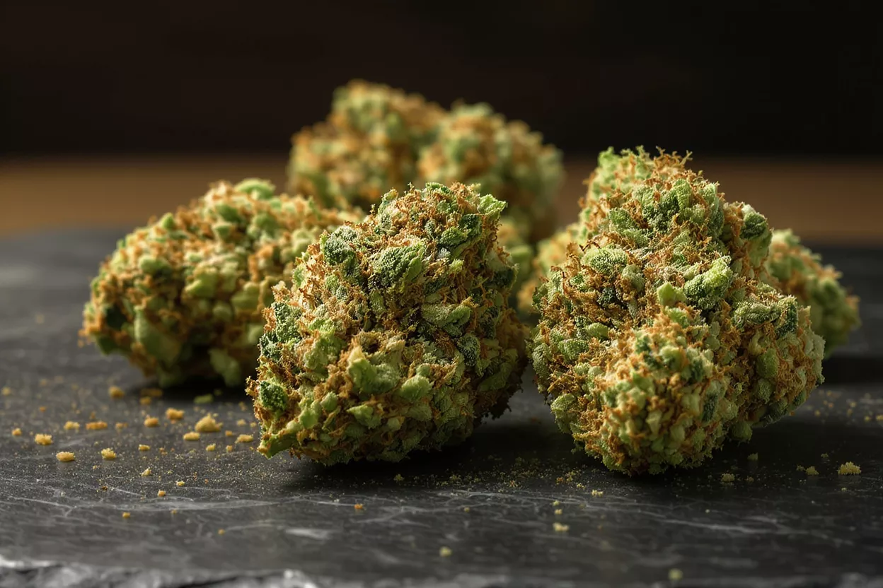 Close-up of several green cannabis buds with orange hairs on a dark surface.