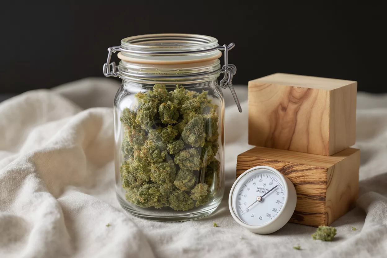 Glass jar filled with cannabis buds, humidity gauge, and wooden blocks on cloth.