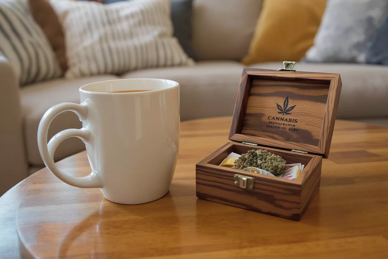 White coffee mug and open wooden box with cannabis buds on a wooden table.
