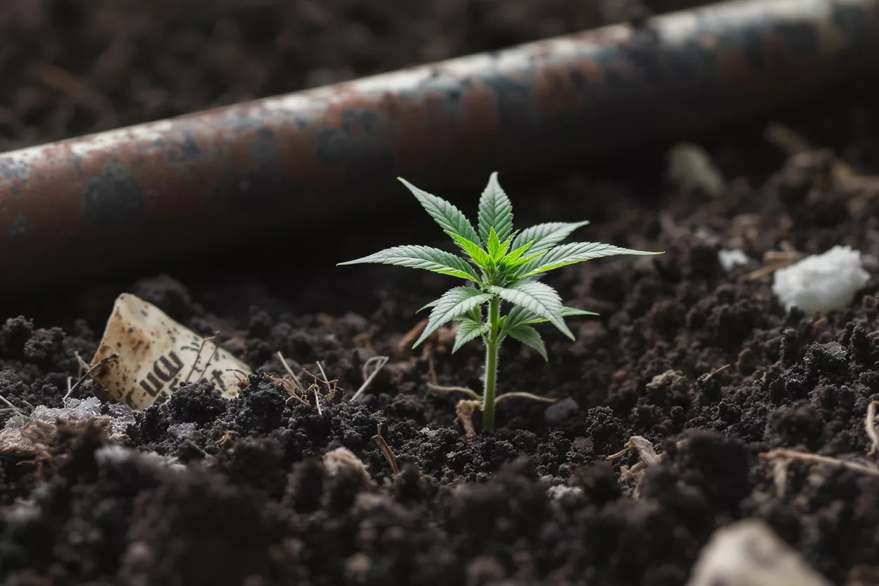 A vibrant green cannabis seedling growing in dark soil next to a rusty pipe.