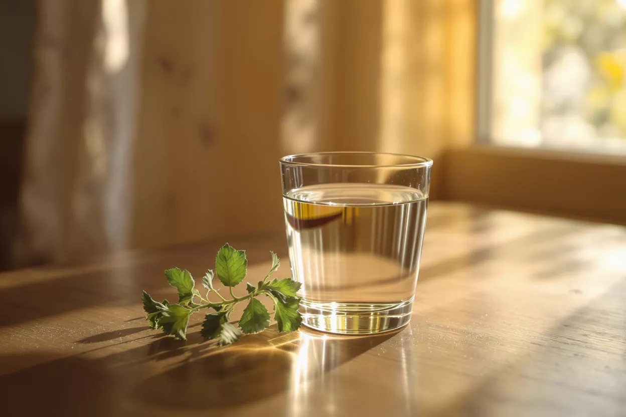 A glass of clear water next to a green leafy sprig on a wooden table.