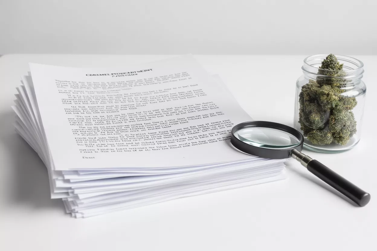 Stack of documents, magnifying glass, and jar of cannabis buds on a white table.