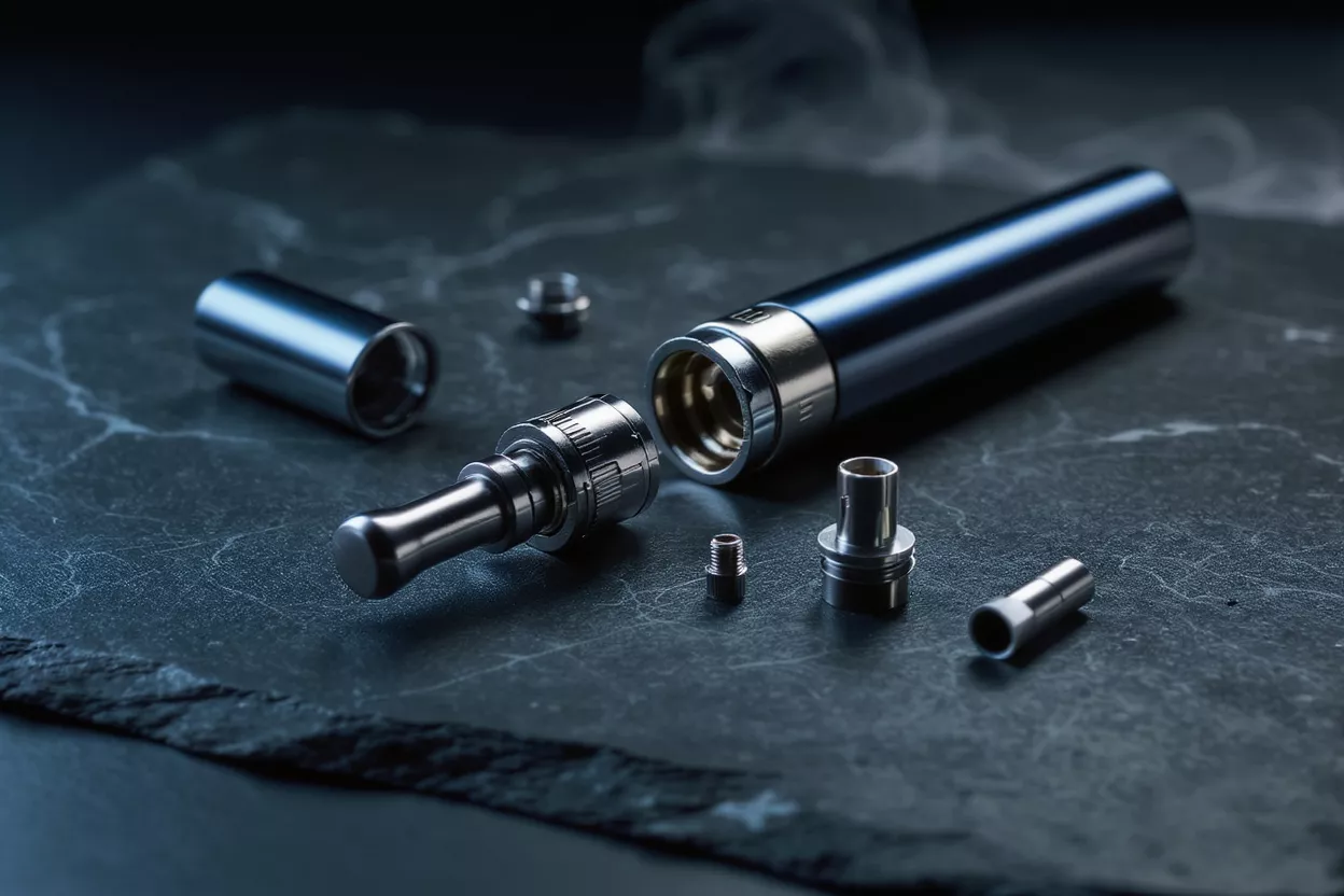 Disassembled vape pen components on a dark, textured surface with wisps of smoke.