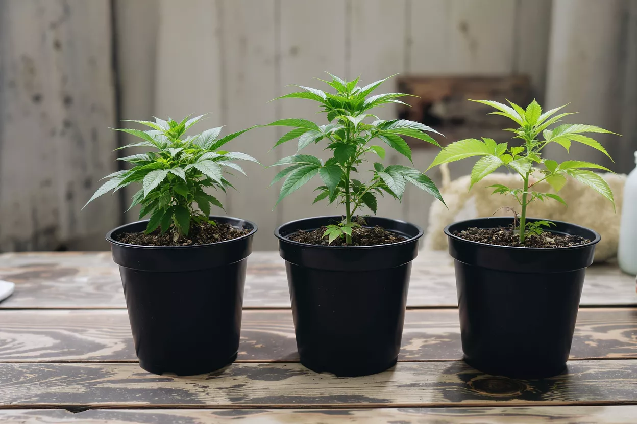 Three small, vibrant green cannabis plants in black pots on a wooden table.
