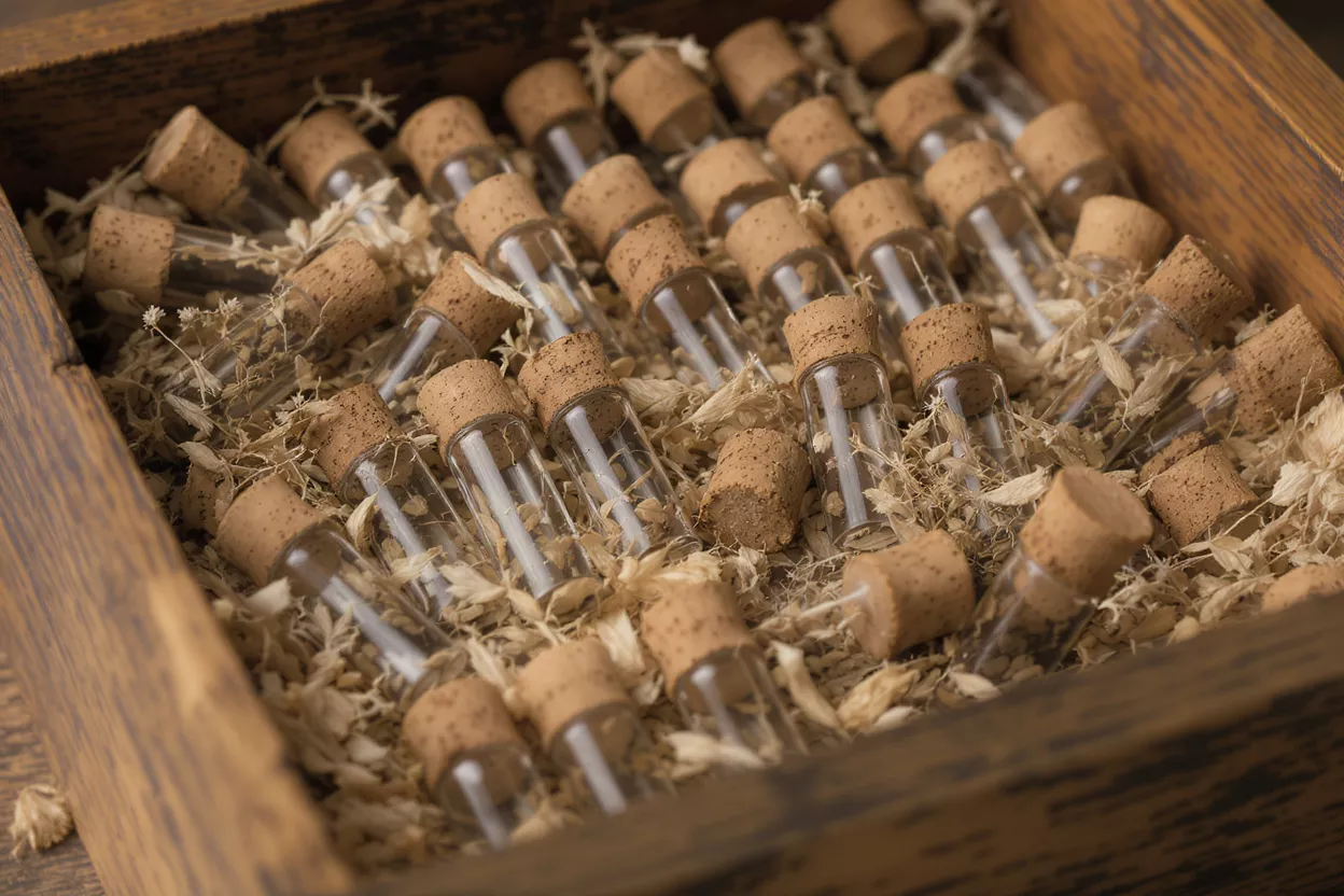 Small glass bottles with corks in a wooden box with dried botanicals.