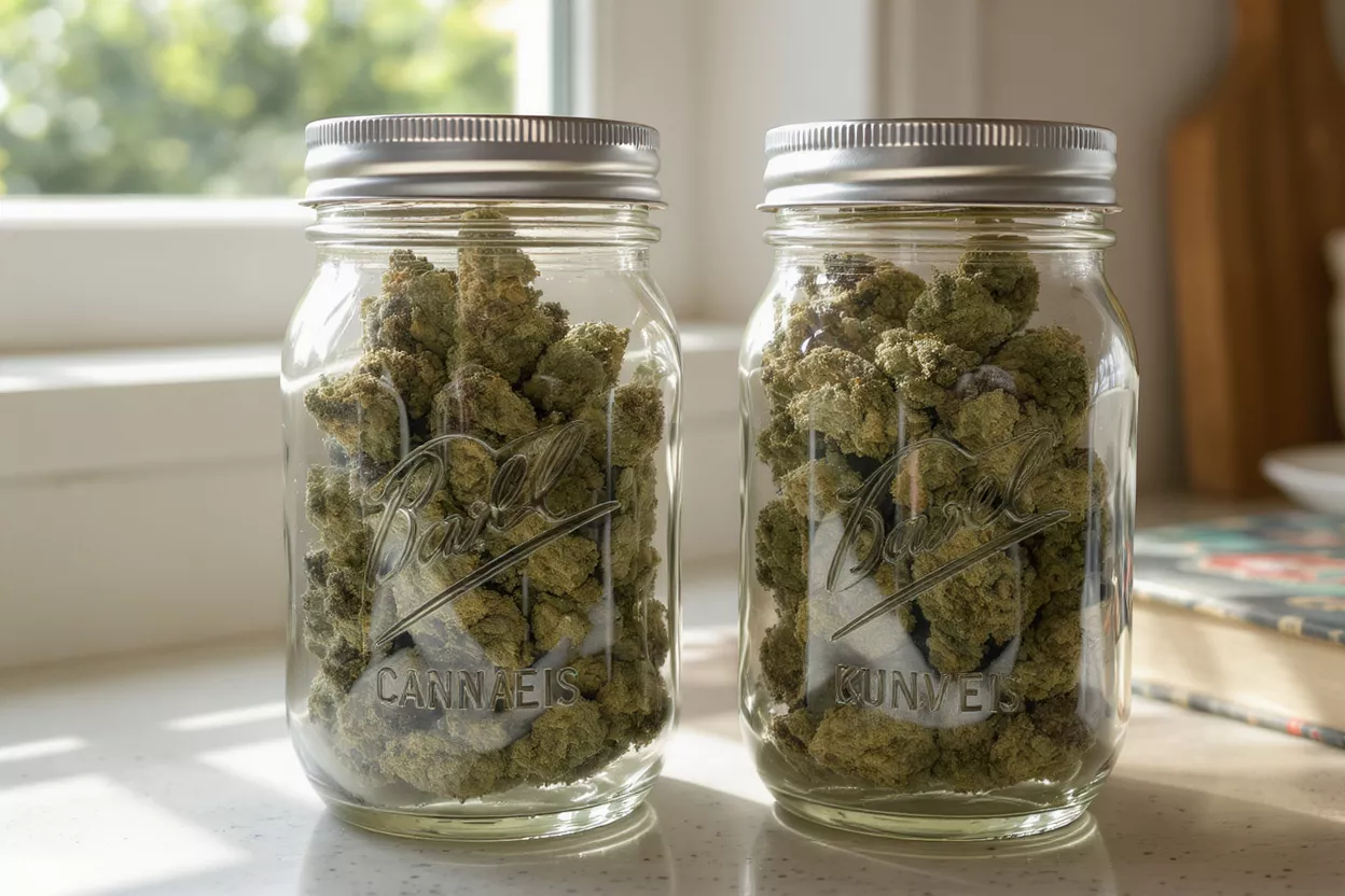 Two clear glass jars filled with green cannabis buds on a sunlit counter.