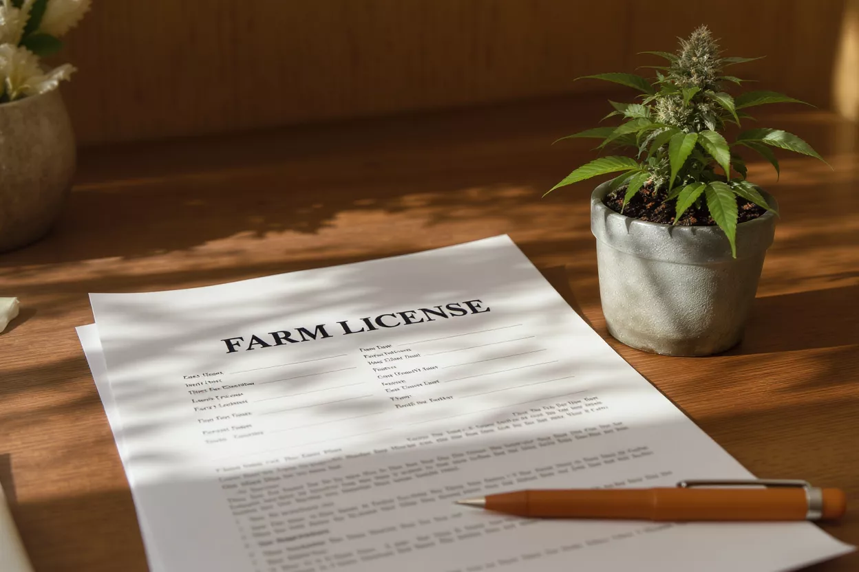 Demande de licence d'exploitation de cannabis Formulaire de demande de licence agricole, stylo et plante de cannabis en pot sur un bureau en bois.