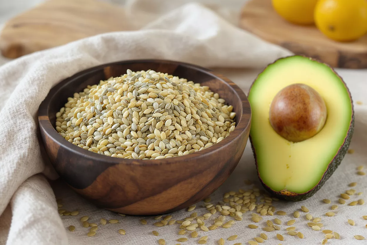 Millet et avocat Un bol en bois de millet à côté d'un avocat coupé en deux avec son noyau.