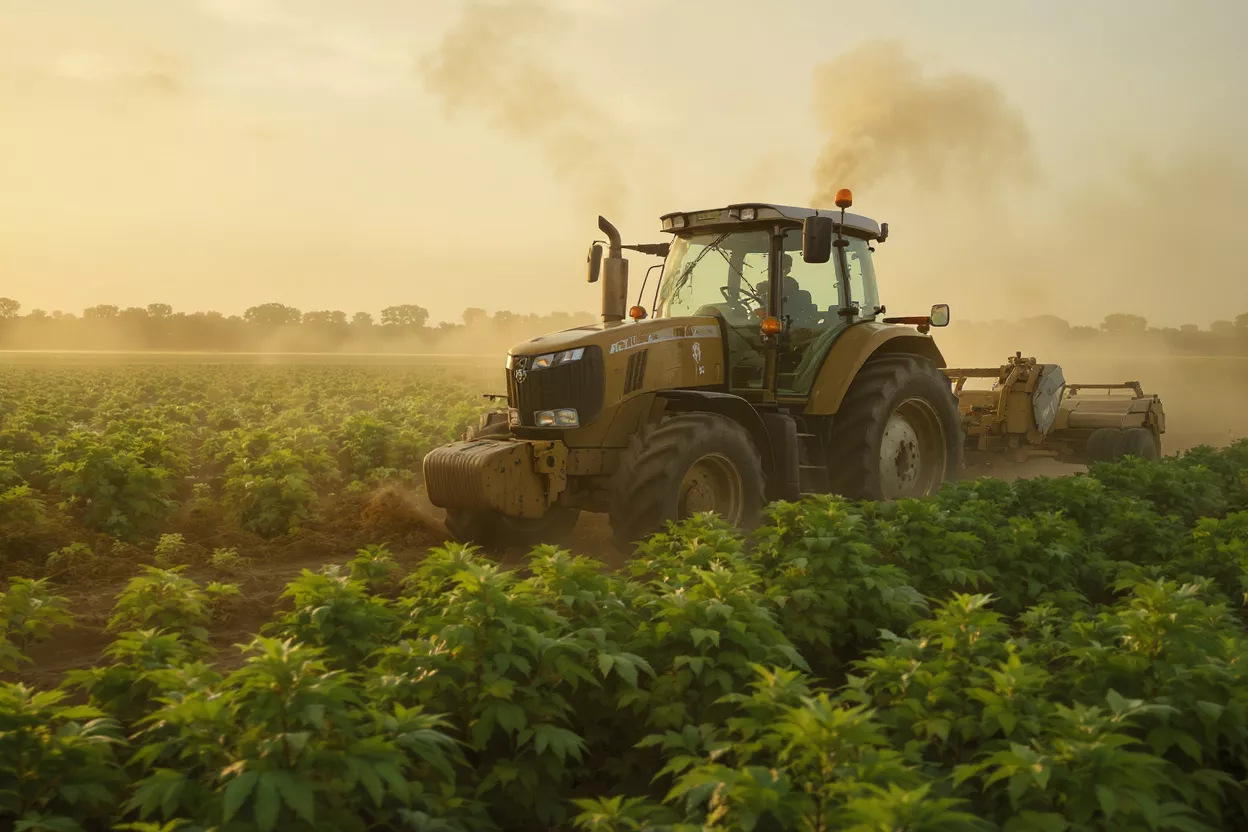 Tracteur labourant un champ au coucher du soleil Un grand tracteur labourant dans un champ vert au coucher du soleil, soulevant de la poussière.