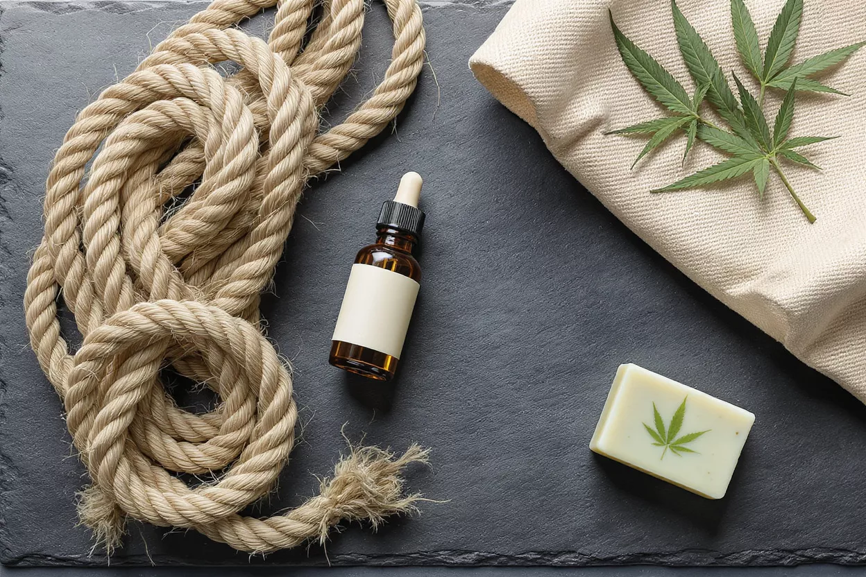 Produits de chanvre sur ardoise Corde de chanvre, huile de CBD et savon avec feuille de cannabis sur fond d'ardoise sombre.