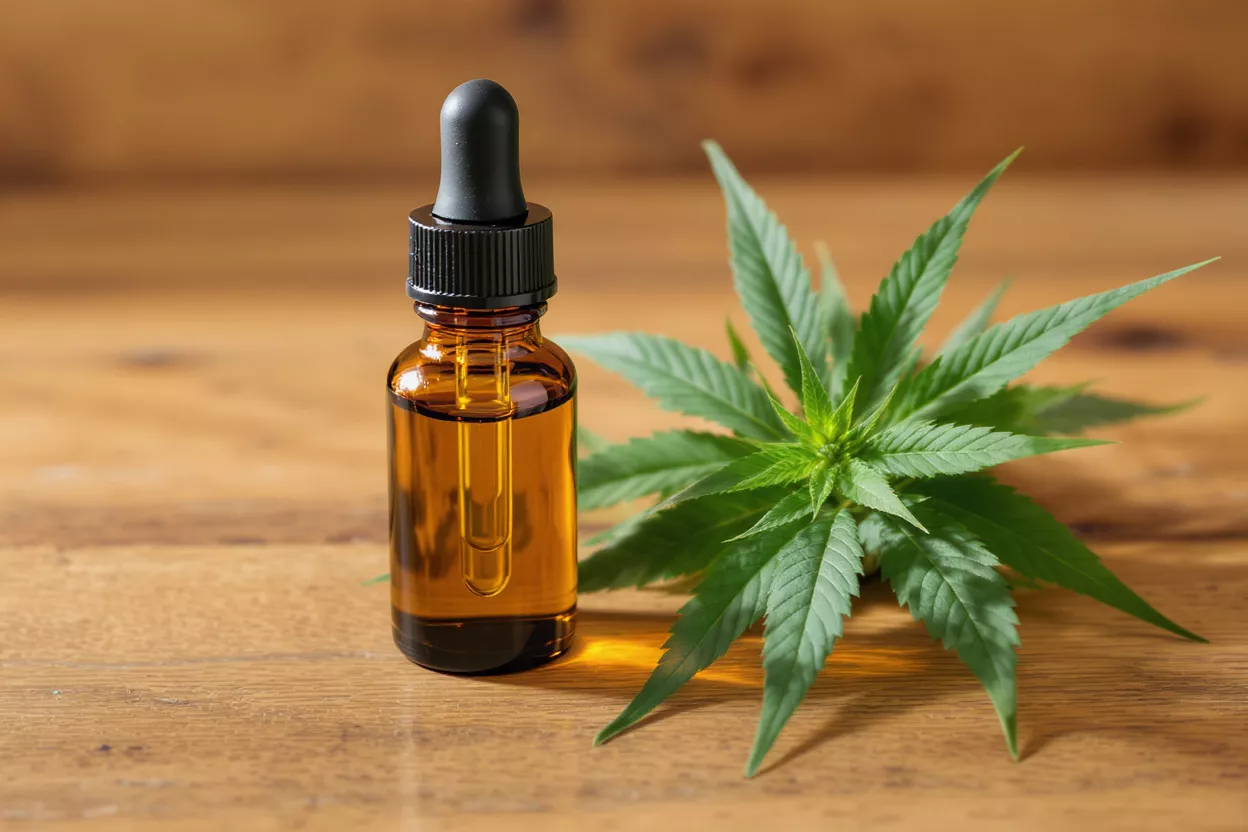 Amber dropper bottle of CBD oil next to a vibrant green cannabis plant.