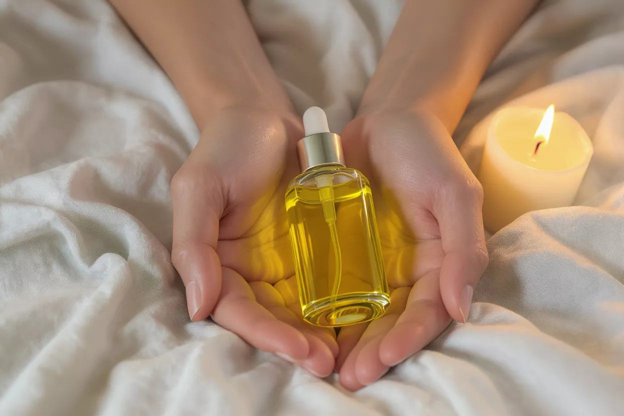 Hands cradling a bottle of yellow skincare oil next to a lit candle.