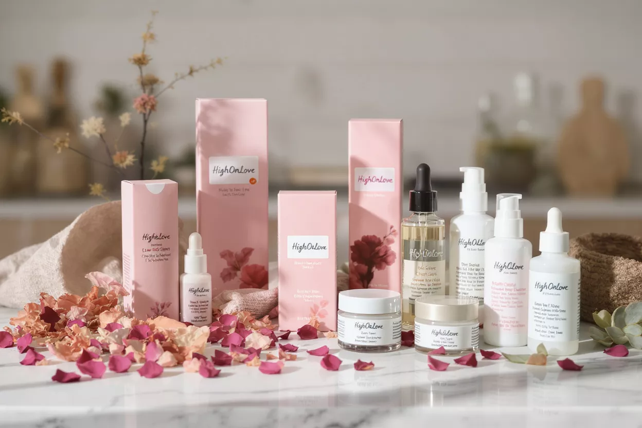 High On Love skincare products on a marble surface with pink petals and dried flowers.