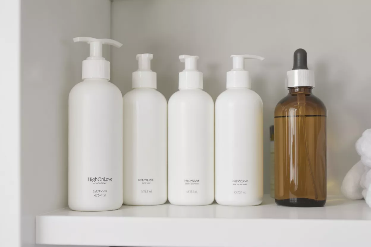 Five white and one amber bottle with pumps and dropper on a white shelf.