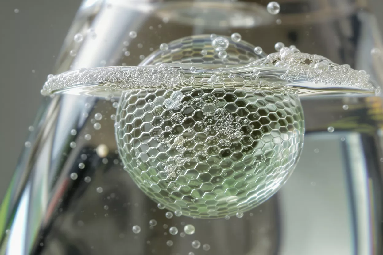 Close-up of a clear honeycomb sphere partially submerged in bubbly water.