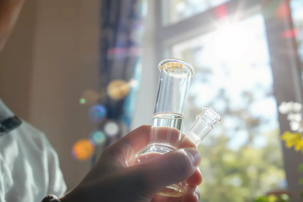 Close-up of a hand holding a small glass water pipe with liquid inside.