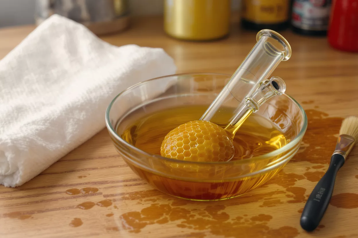 Honeycomb and glass labware soaking in oil on a wooden surface.