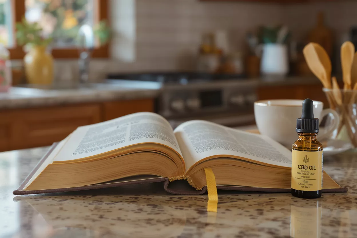 Une bouteille d'huile de CBD à côté d'un livre ouvert sur un comptoir de cuisine.