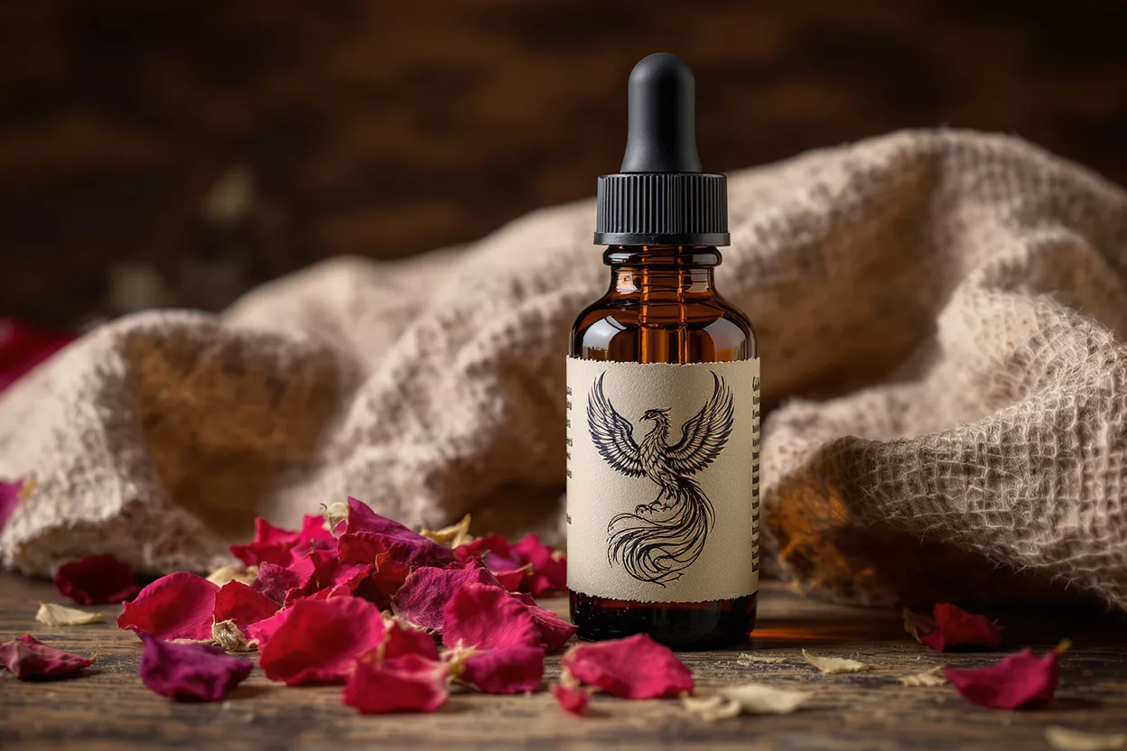 Flacon ambre compte-gouttes avec étiquette phénix, entouré de pétales de rose rouges.