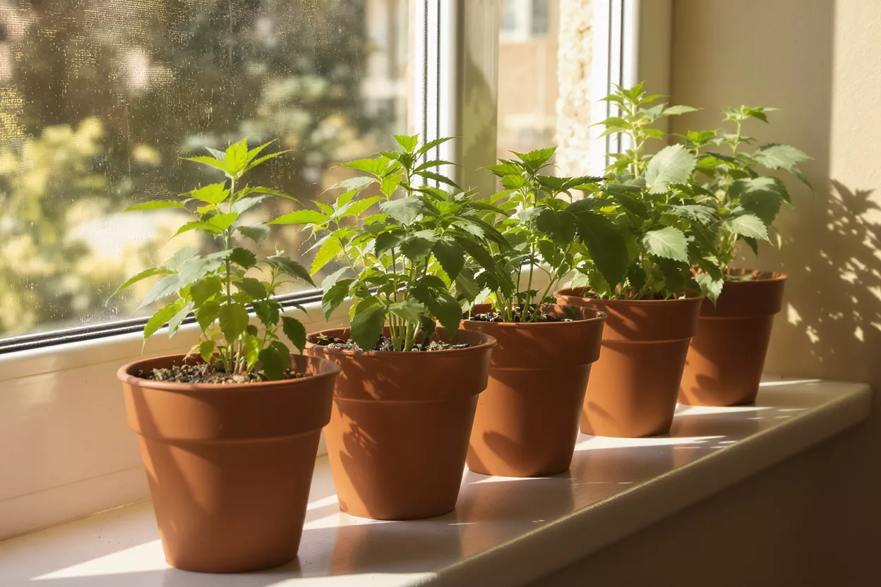 Cinq petites plantes vertes dans des pots marron sur un rebord de fenêtre ensoleillé.