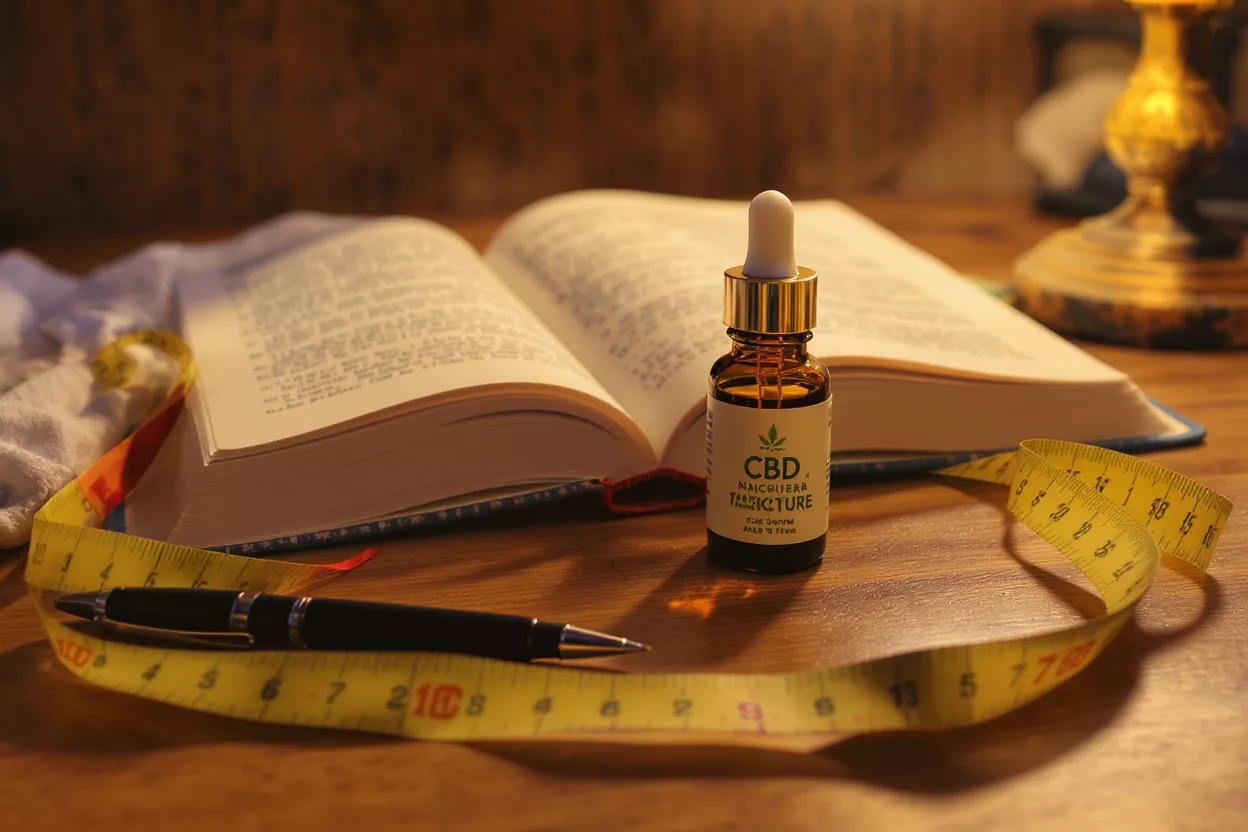 CBD tincture bottle, open book, pen, and measuring tape on a wooden table.