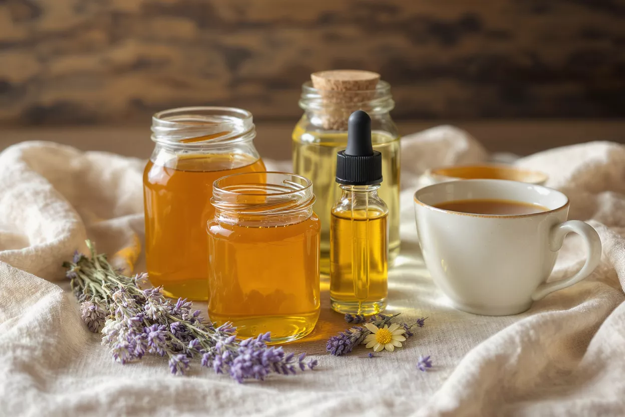Jars of honey and oil, lavender, and a cup of tea on a light fabric.