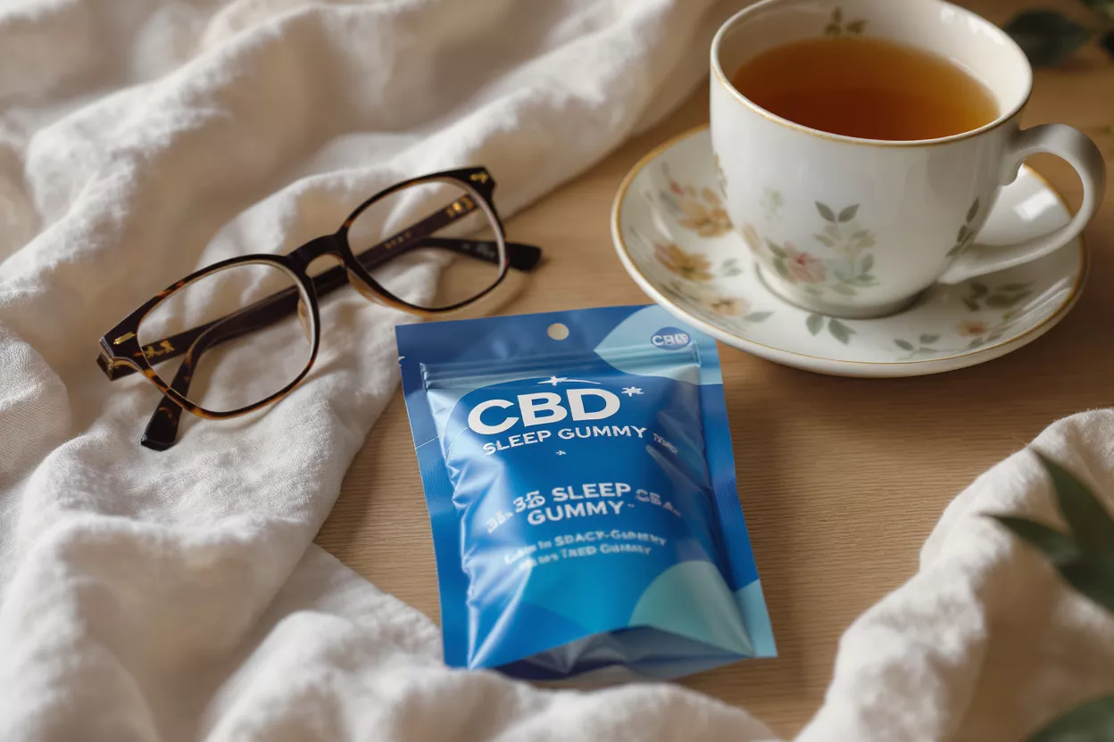 Blue CBD sleep gummy package, teacup with tea, and eyeglasses on a wooden surface.