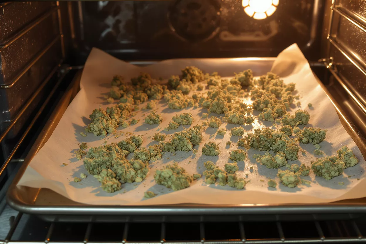 Green plant material, possibly herbs, drying on parchment paper in an oven.