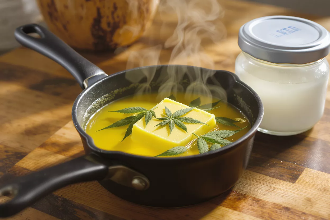 Steaming pot with butter, cannabis leaves, and yellow liquid on a wooden surface.