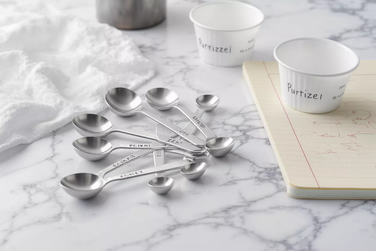 Stainless steel measuring spoons on marble counter with paper cups and notebook.