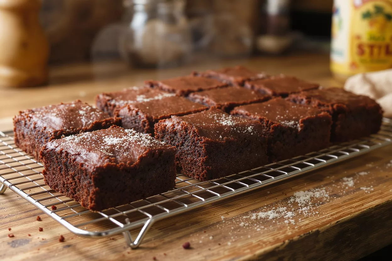 Close-up of fudgy chocolate brownies with powdered sugar on a cooling rack.