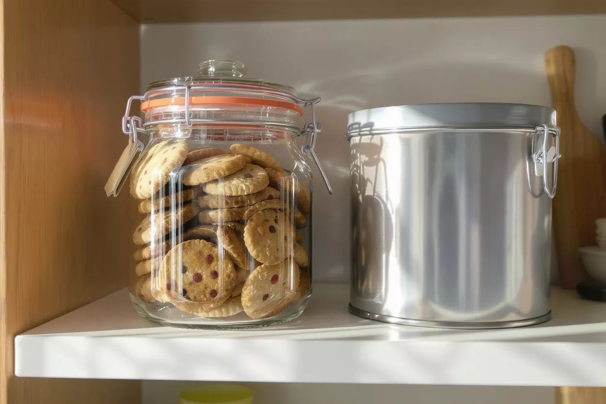 Glass jar filled with round cookies and a silver canister on a kitchen shelf.