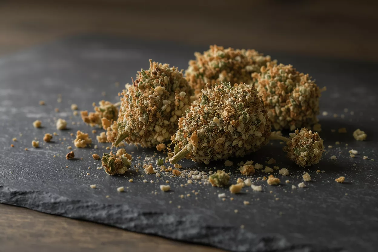 Several cannabis buds heavily coated in kief and crumbs on a dark slate surface.