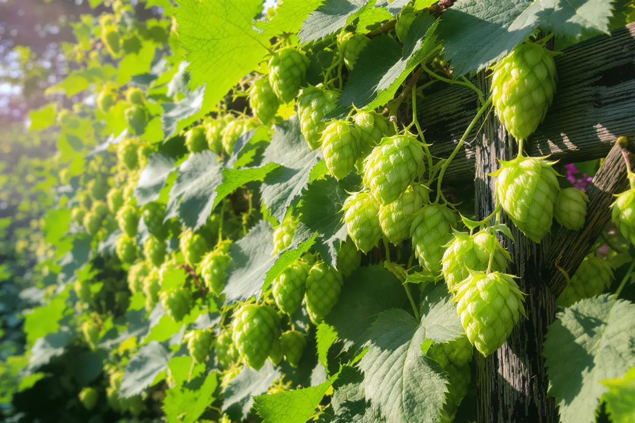 Close-up of vibrant green hops cones growing on a vine with lush leaves.