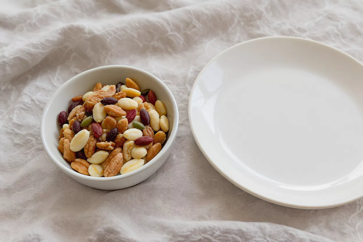 A white bowl filled with mixed nuts next to an empty white plate on a light fabric.