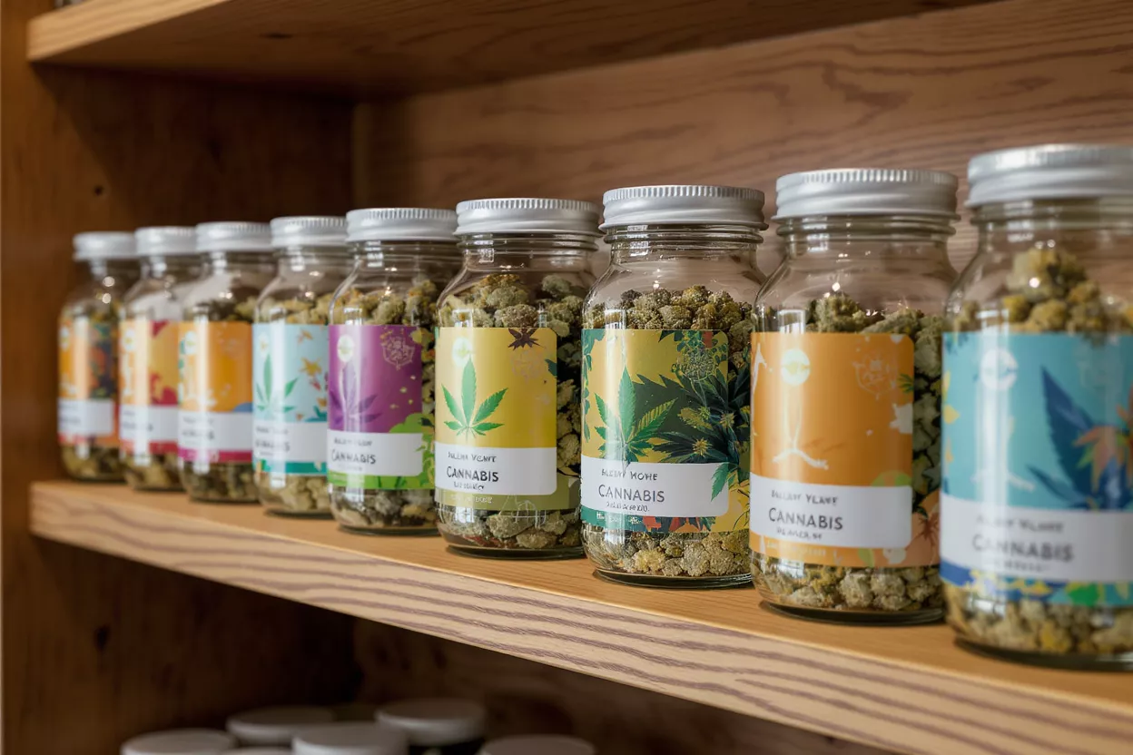 Clear glass jars with cannabis flower and colorful labels on a wooden shelf.