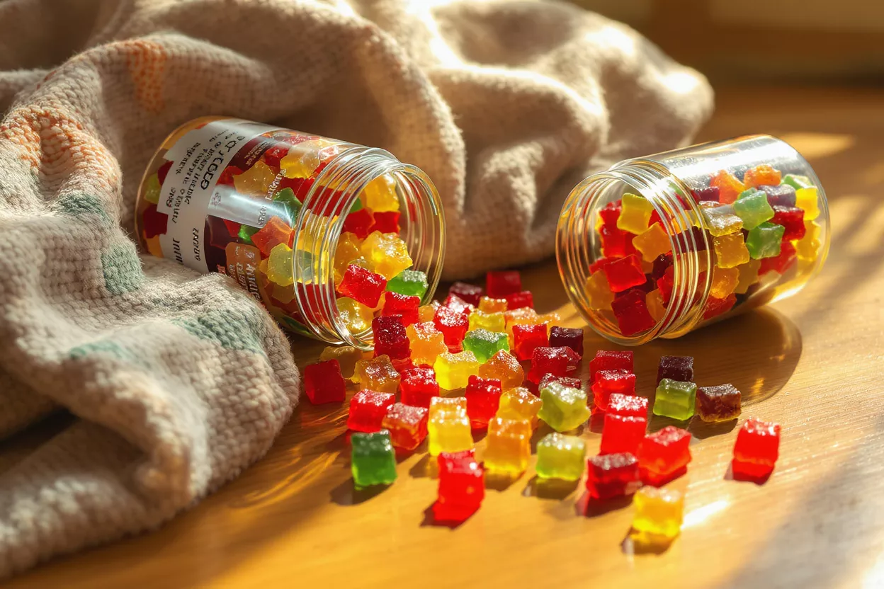 Colorful Gummy Candies Spilled from Jars Two glass jars spilled, releasing colorful gummy candies onto a wooden surface.