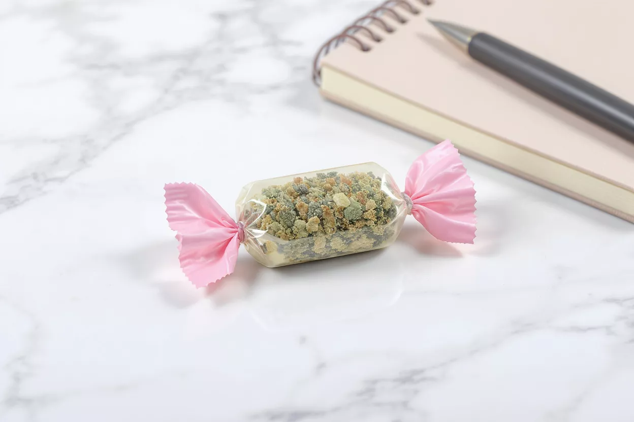 Wrapped Candy on Marble Desk A clear wrapped candy with pink ends, filled with colorful crumbs, on a marble surface.
